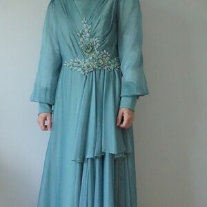 Flowy Aqua Chiffon Long Sleeve Formal Dress with Embellished Waist